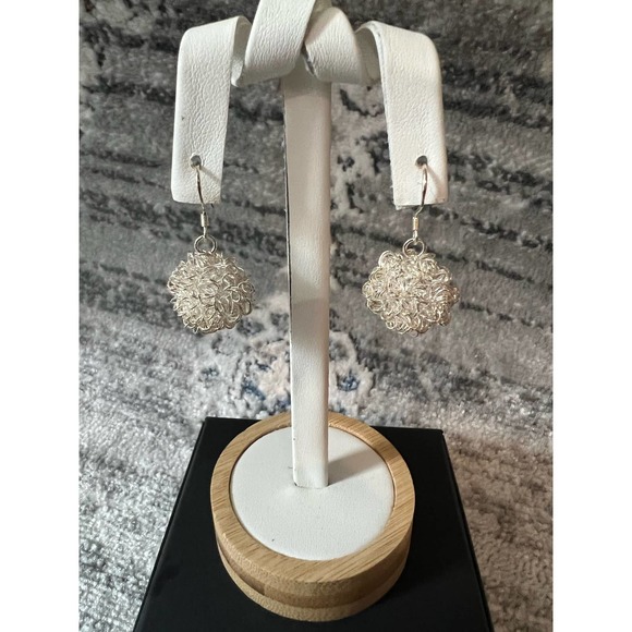 925 Sterling Silver Festive Wire Ball hooked earwire Earrings, Short Dangle, - Picture 2 of 10